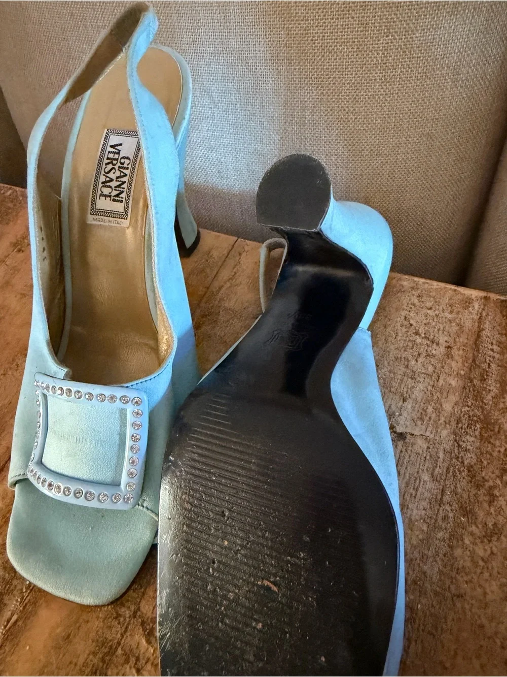 Versace Pale Blue Slingback Heels with Rhinestone Buckle